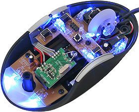 Intelliscope mouse lit up blue with the top removed